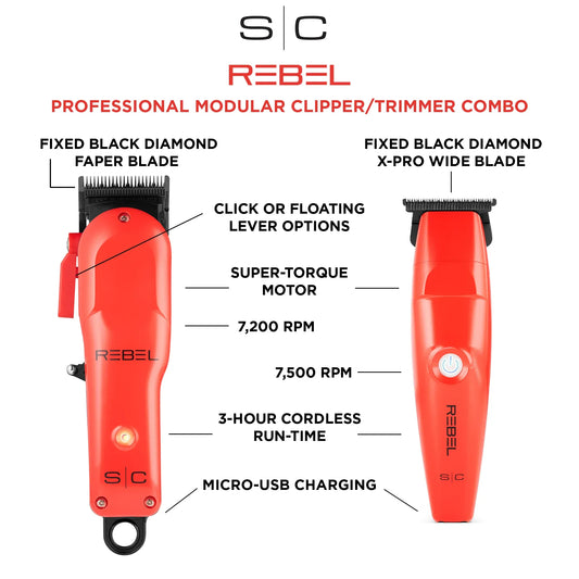 Rebel Combo Set - Professional Cordless Hair Clipper/Hair Trimmer Set with Super-Torque Motor